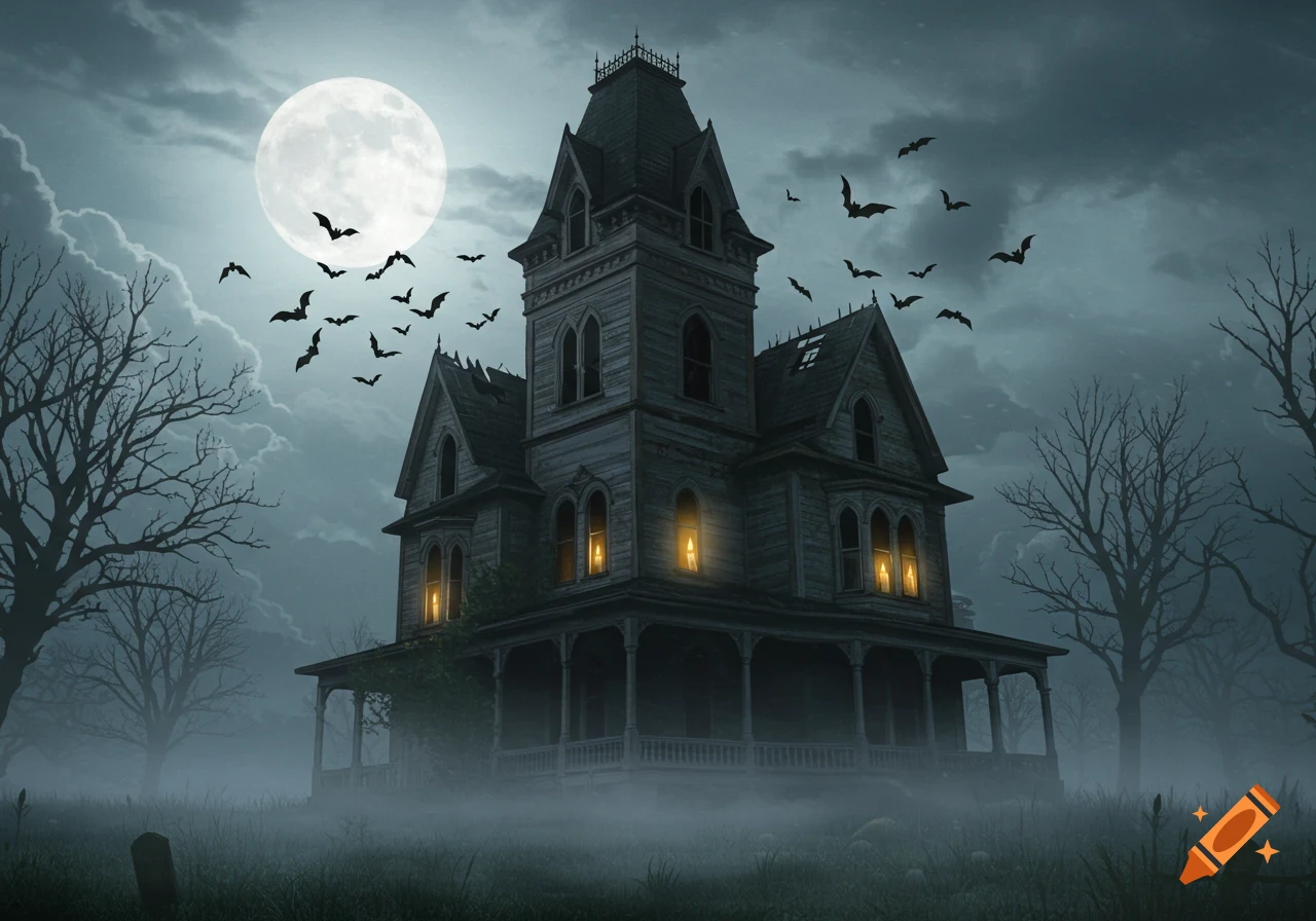 A spooky gothic haunted house under a full moon with bats flying, surrounded by fog and bare trees, photorealistic.