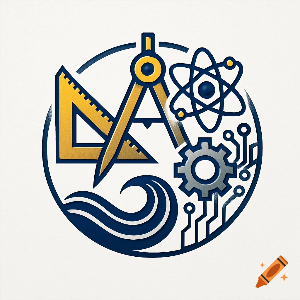 A logo combining a compass, set square, atom, gear, circuit lines, and waves in blue, gold, and grey.