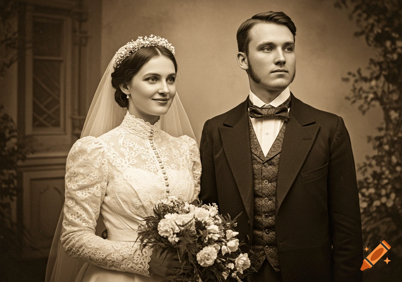Vintage sepia portrait of a wedding couple. The bride, in a lace dress and veil, smiles holding a bouquet, standing next to the groom in a dark suit.