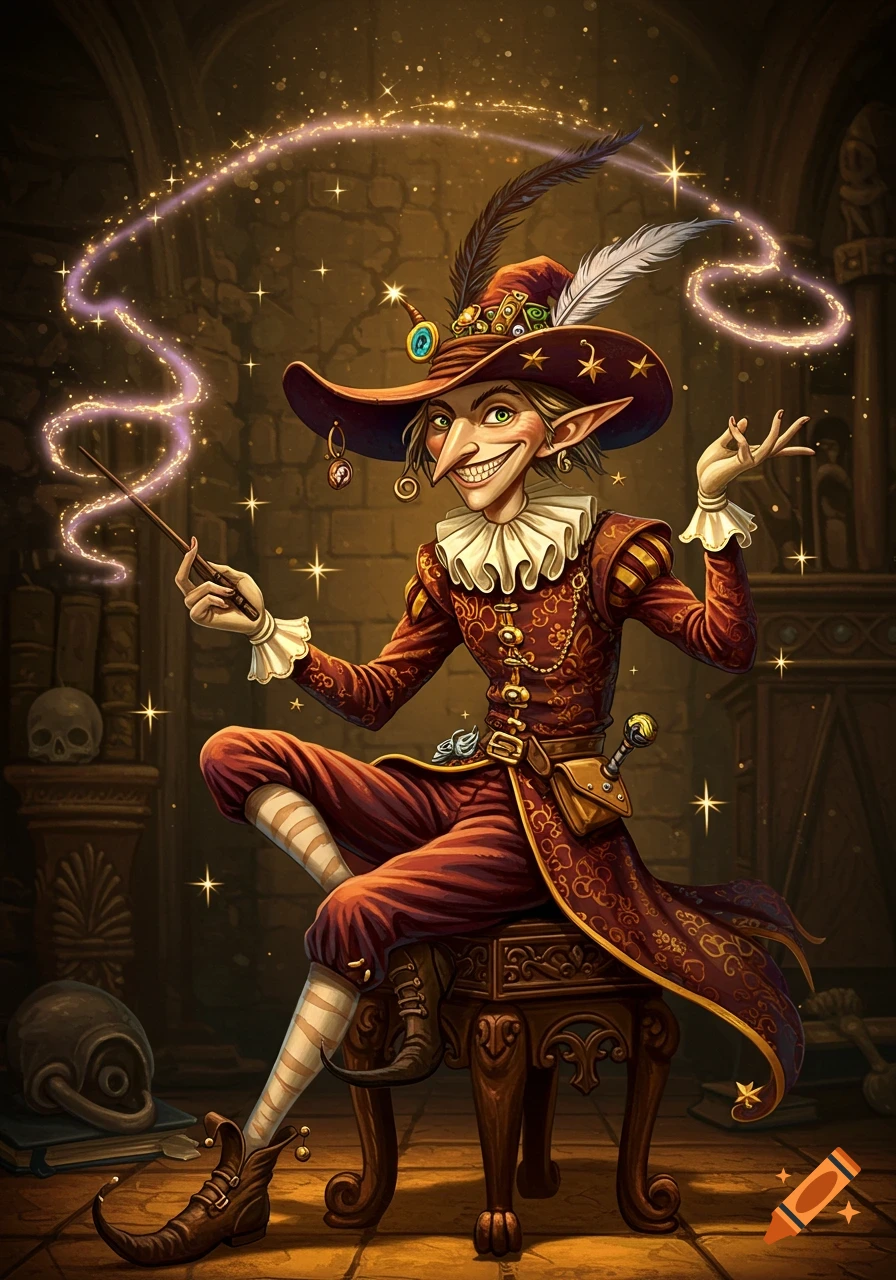 A mischievous goblin wizard in a tall hat and ornate robes sits, casting a sparkling spell with a wand in a dark stone room.