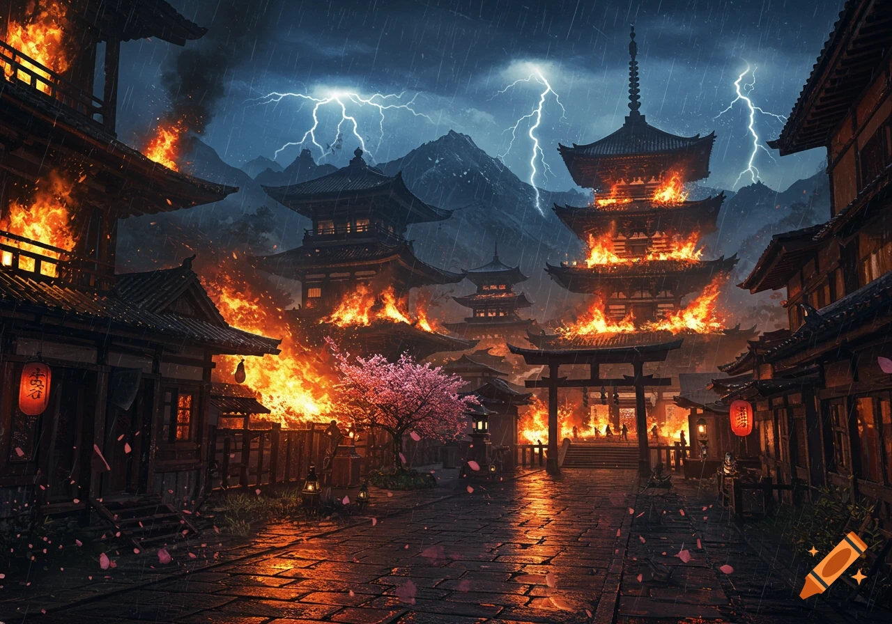 Burning ancient Japanese city at night, with pagodas on fire, lightning striking mountains, and rain falling.