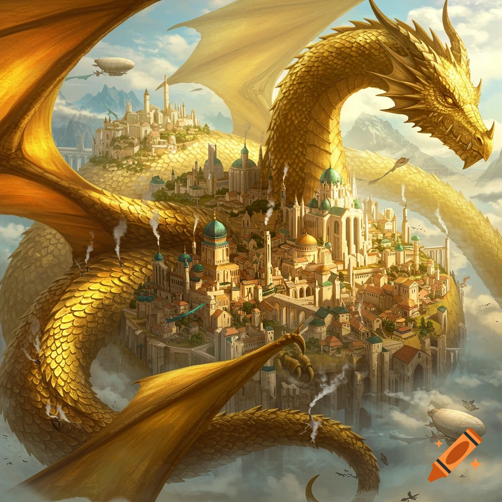 A majestic golden dragon with a sprawling fantasy city on its back flies through the sky, detailed illustration.