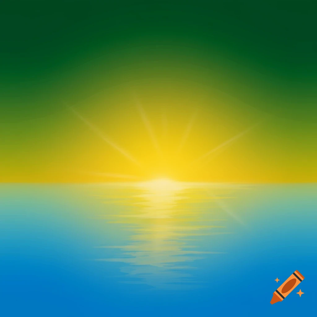 An abstract gradient background with green on top, transitioning to yellow in the middle with sun rays, and blue at the bottom reflecting the light.