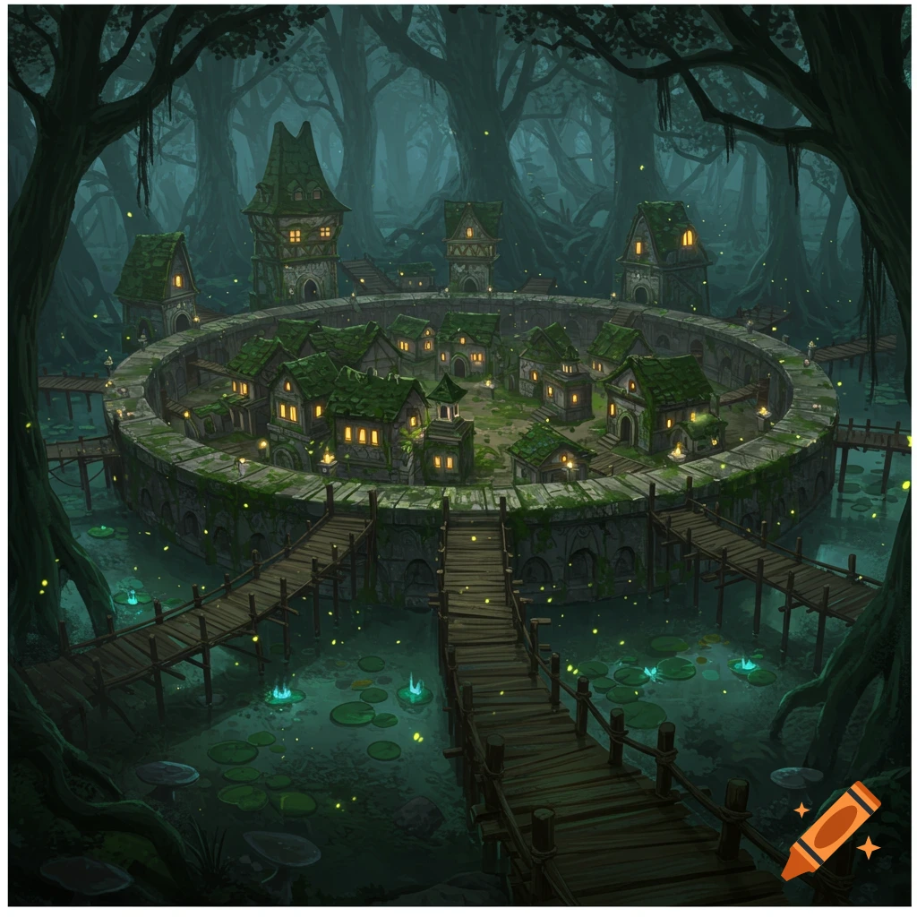 An illustrated fantasy town in a dark swamp, with glowing-windowed stone and wood buildings inside a circular mossy wall, connected by bridges over luminescent water.