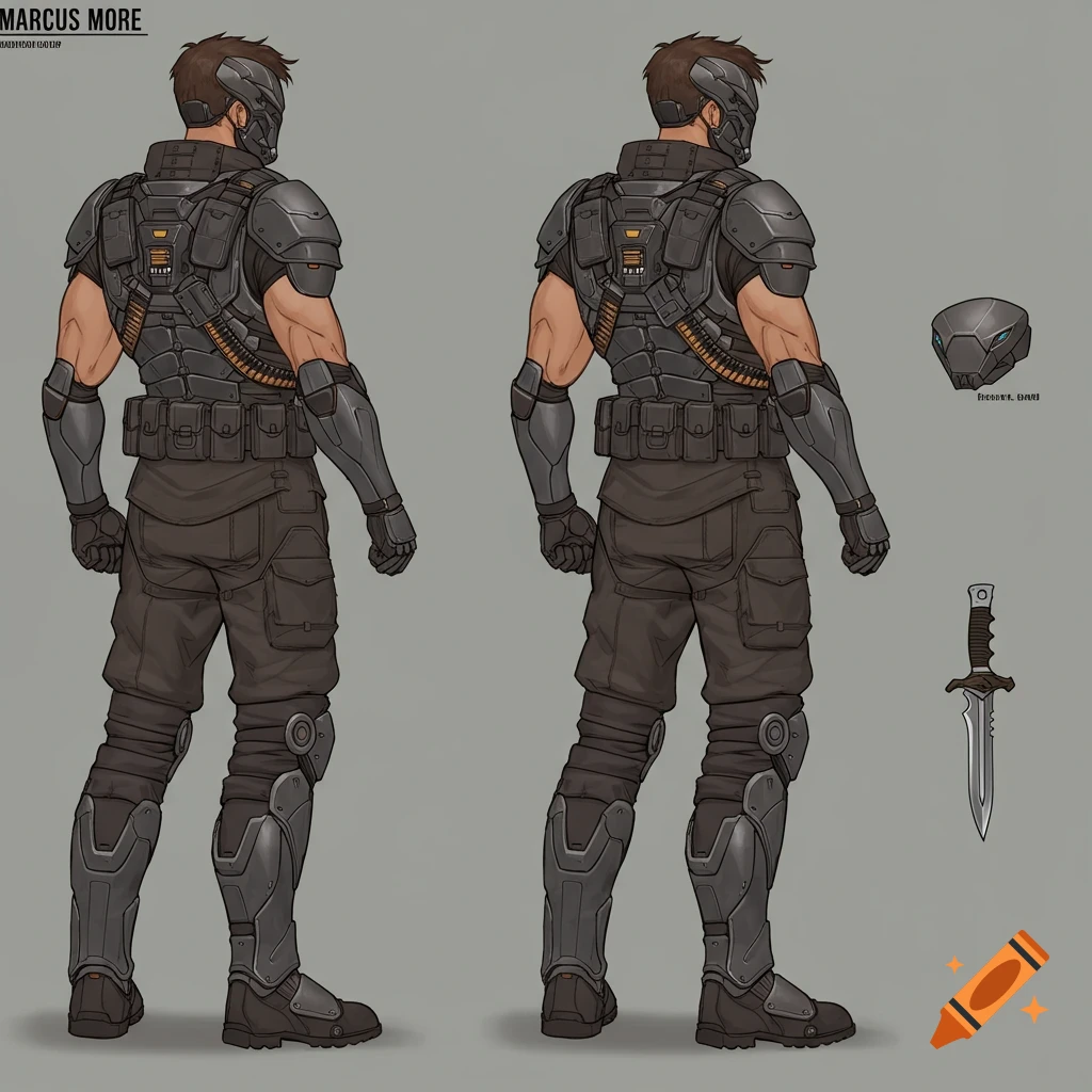Character reference sheet showing a futuristic soldier in dark gray armor, standing from the back view, with a separate helmet and dagger.