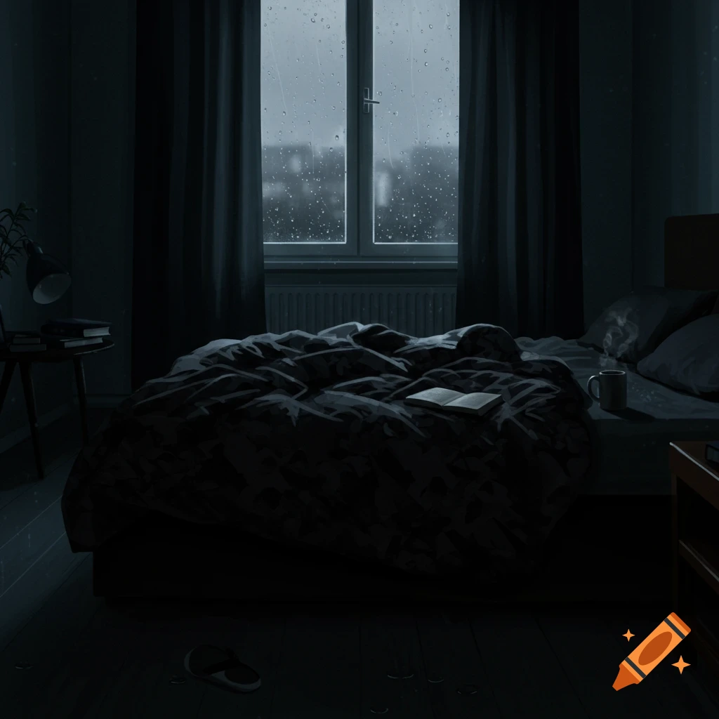 A dimly lit bedroom on a rainy day, with an unmade bed, a book, and a steaming mug next to a window.