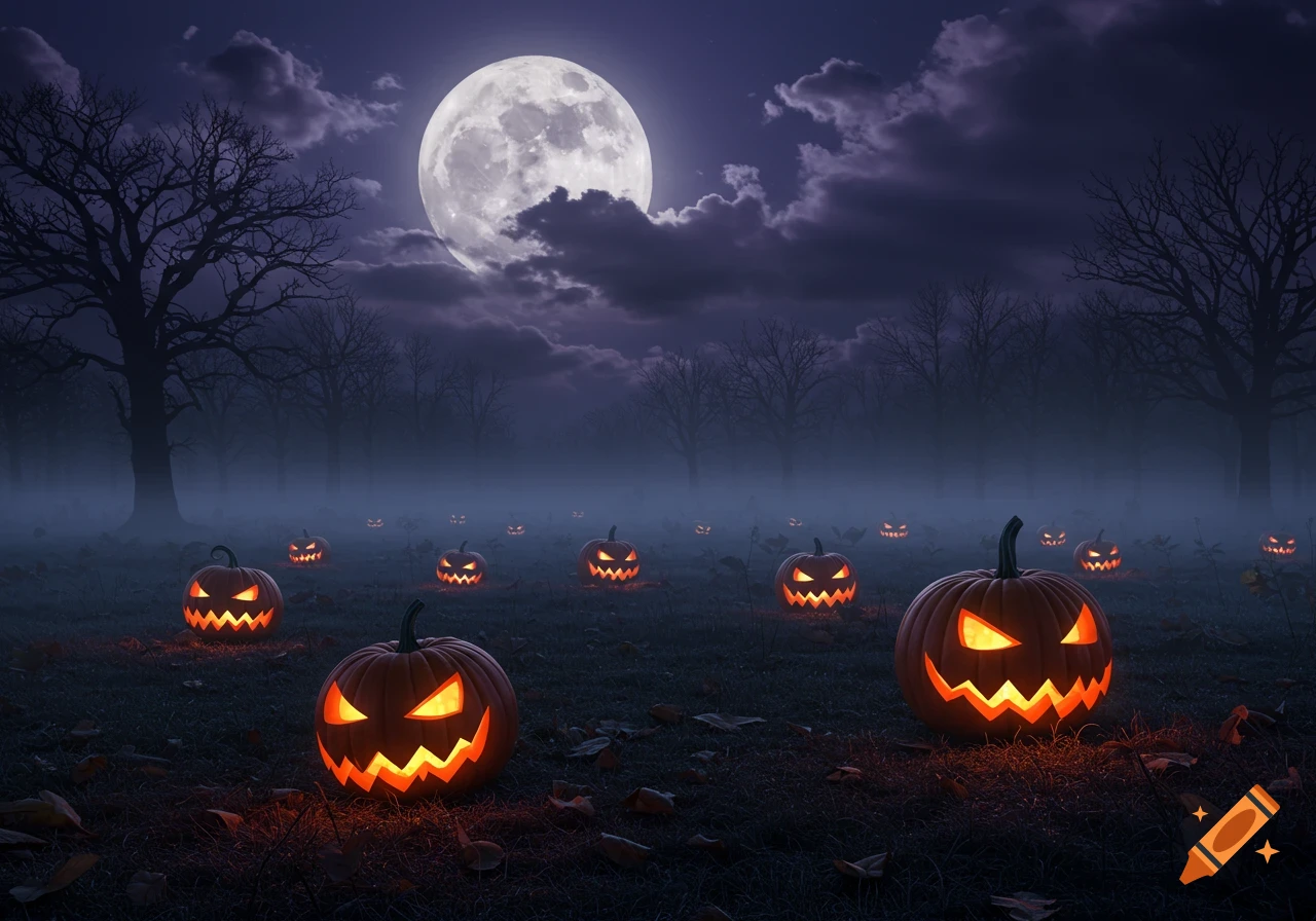 Numerous glowing jack-o'-lanterns in a misty field at night, under a large full moon with dark clouds and bare trees.