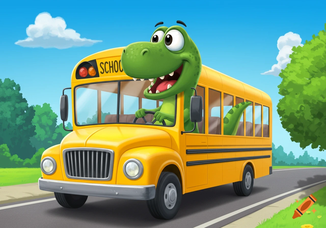 Cartoon green dinosaur with big eyes and a smile drives a yellow school bus on a road with green trees and a blue sky.