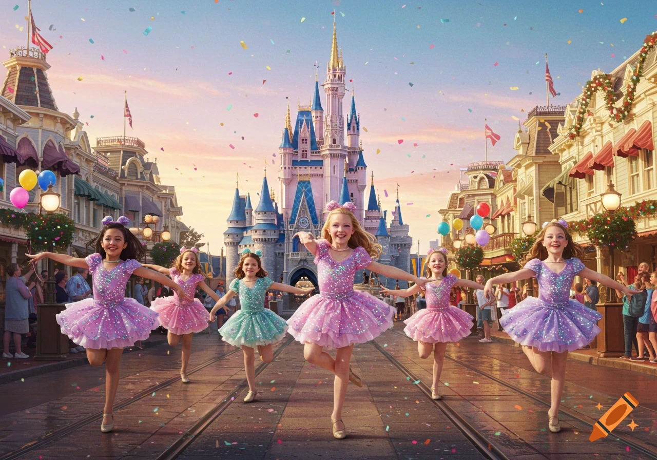 Young girls in sparkly tutus dance joyfully down a confetti-filled street in front of a magical castle.