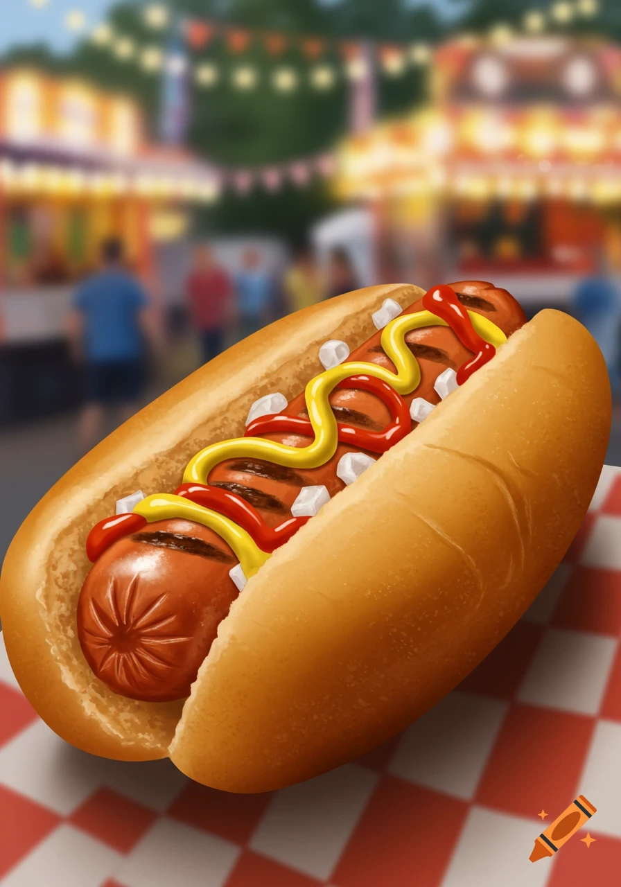 An illustration of a hot dog with ketchup, mustard, and diced onions on a red and white checkered paper, against a blurred fair background.