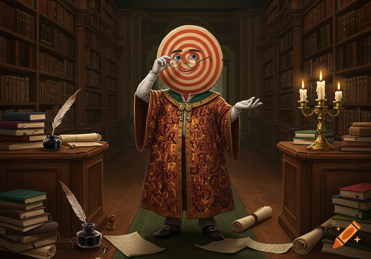 A whimsical target-headed figure in a robe covered in jumbled letters stands in a grand library, holding spectacles. Books and quills are on desks.