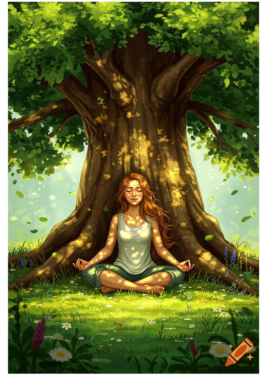 A serene woman with red hair meditates under a large tree in a lush green field with dappled sunlight, digital art.