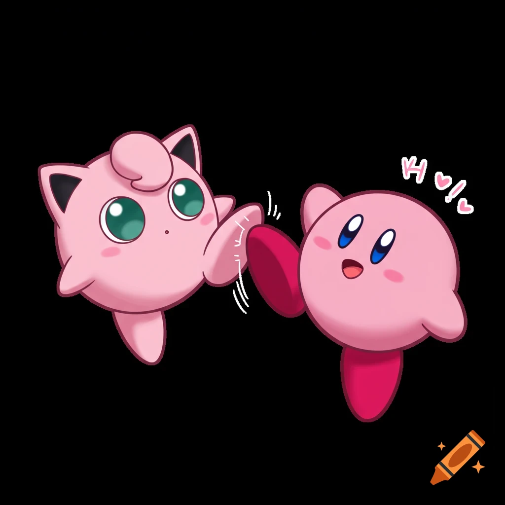 Jigglypuff kicking Kirby in the face, drawn in an anime style on a black background.
