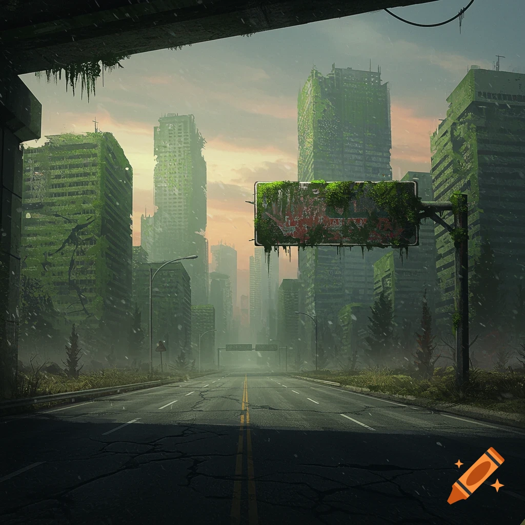 Post-apocalyptic cityscape with moss-covered skyscrapers, a cracked road, and an overgrown, illegible road sign.