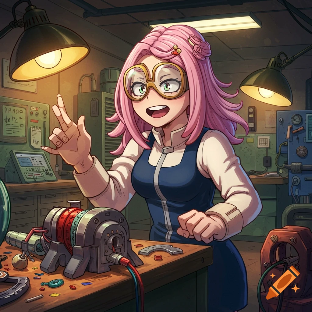 Anime girl with pink hair and goggles working on machinery in a workshop, gesturing with her hand.