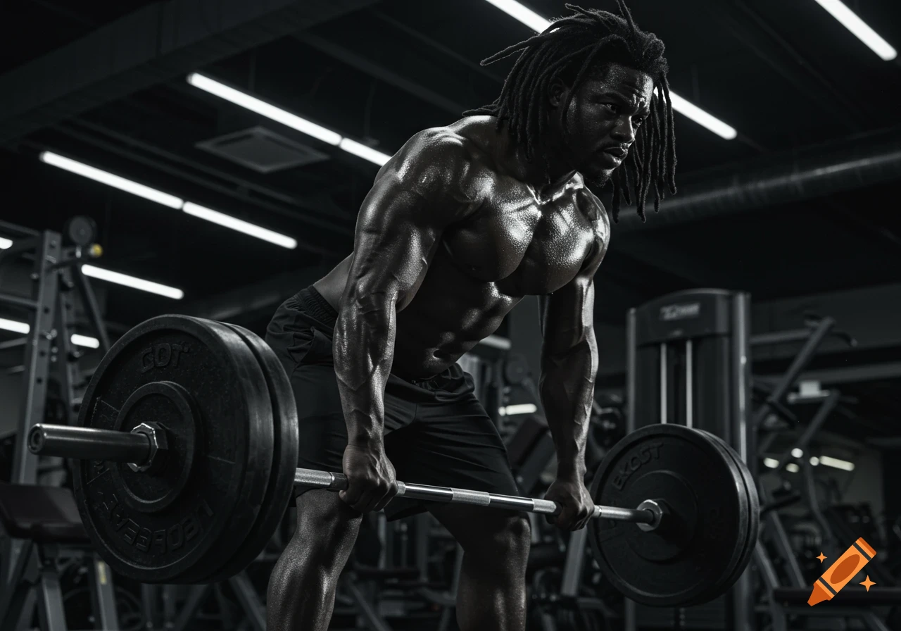 Muscular man with dreadlocks lifting a heavy barbell in a dark, moody gym, sweat glistening on his body.