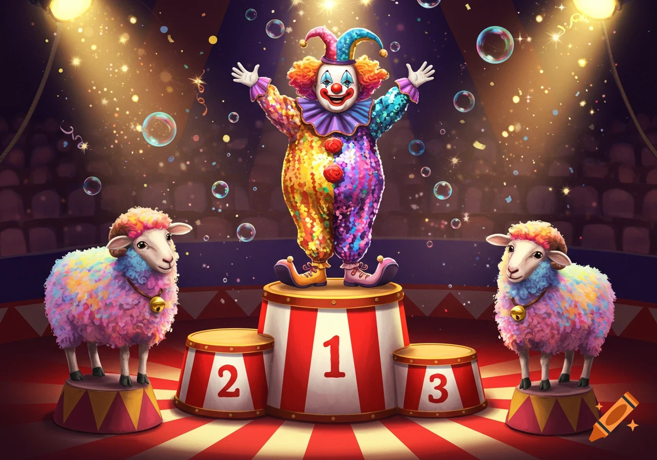 A colorful clown on a number 1 podium, flanked by two rainbow sheep on number 2 and 3 podiums in a sparkling circus ring.