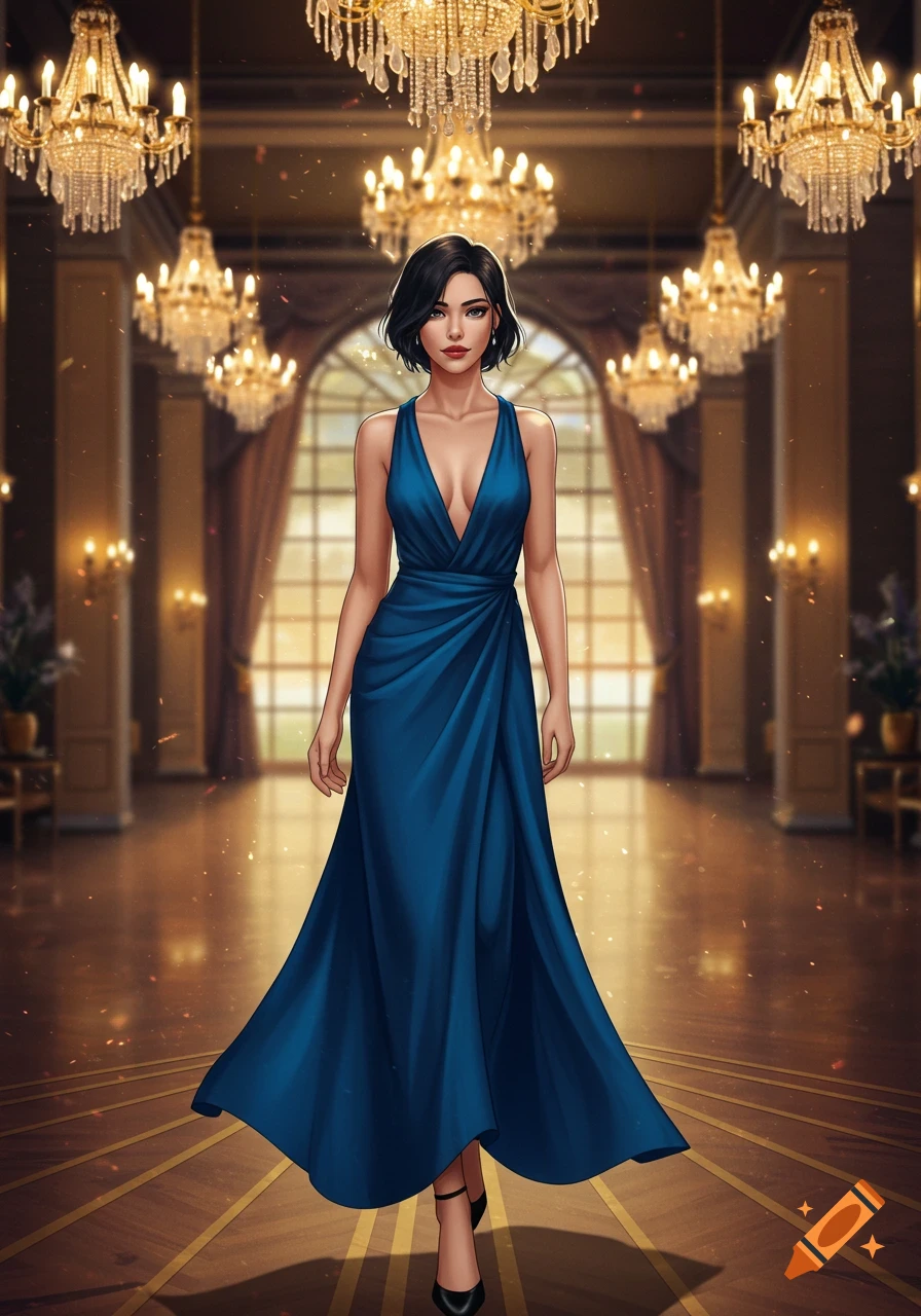 A young woman in a deep blue gown and black pumps stands elegantly in a grand ballroom under sparkling chandeliers, digital art.