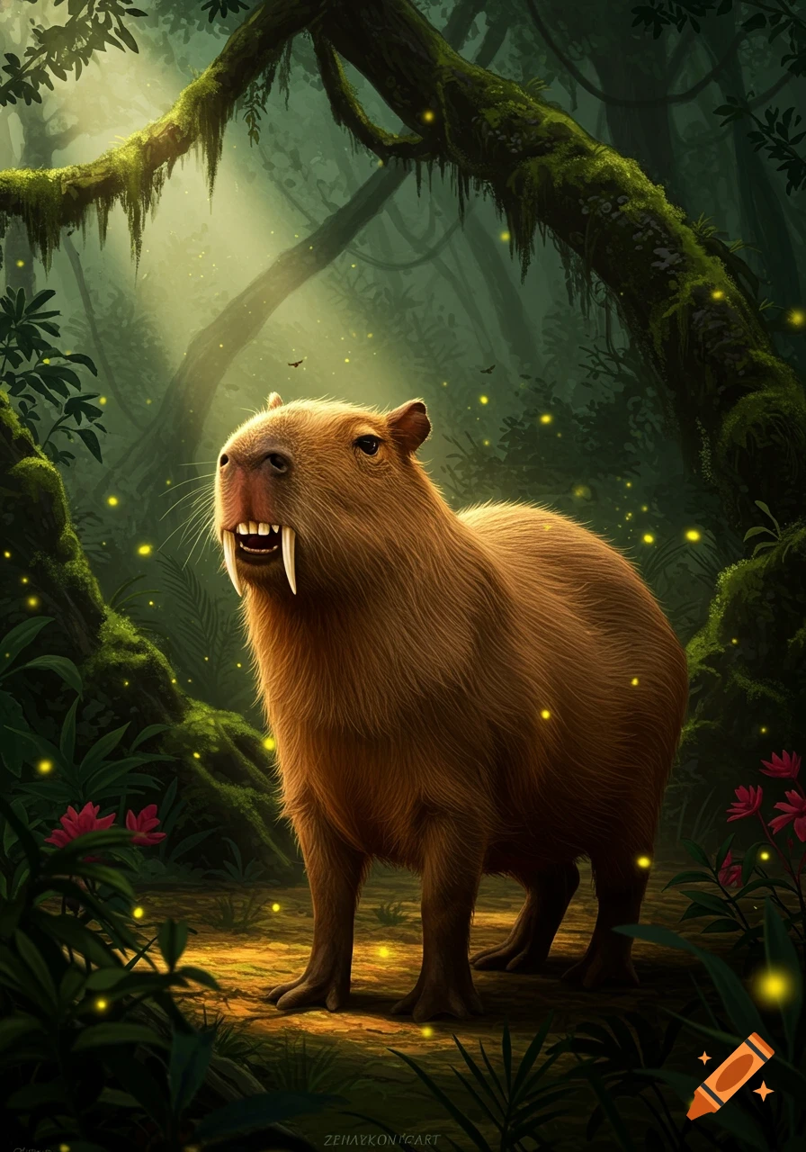 A fantastical capybara with saber teeth stands in a glowing, lush jungle at dusk, digital art.