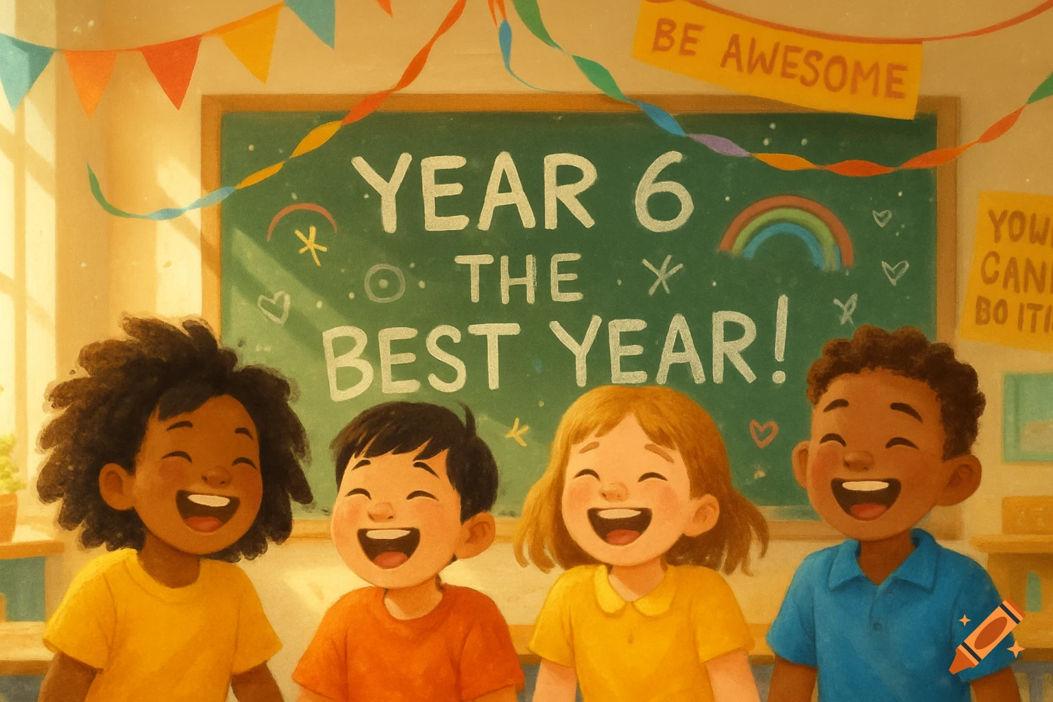 Four diverse, happy children smiling in a sunlit classroom in front of a blackboard that reads "YEAR 6 THE BEST YEAR!".