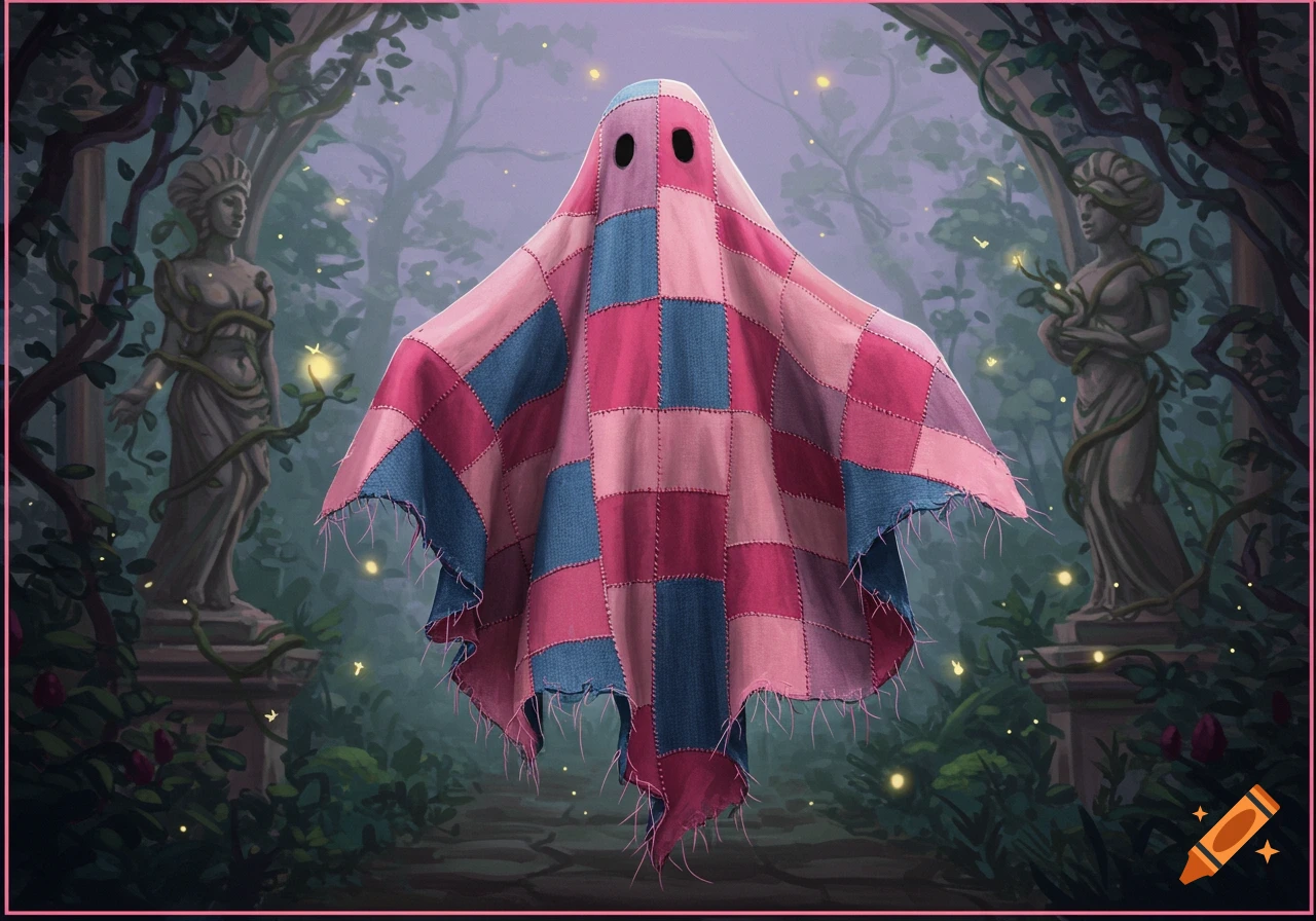 A whimsical ghost made of pink and blue patchwork floats in a misty fantasy forest with stone statues and glowing fireflies.