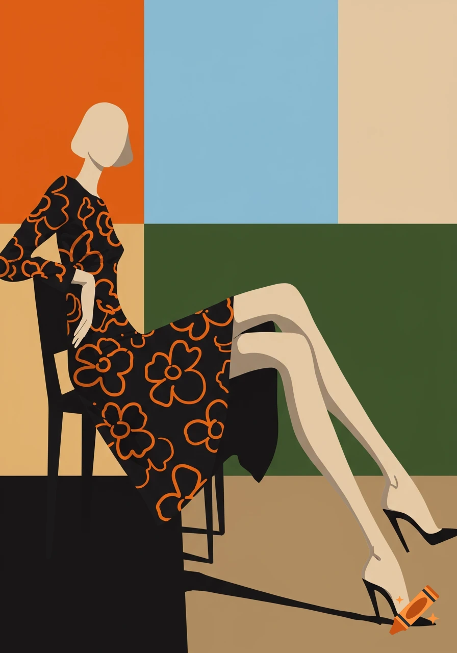 A minimalist illustration of a woman in a black dress with orange flowers, sitting on a chair against a background of colored blocks.