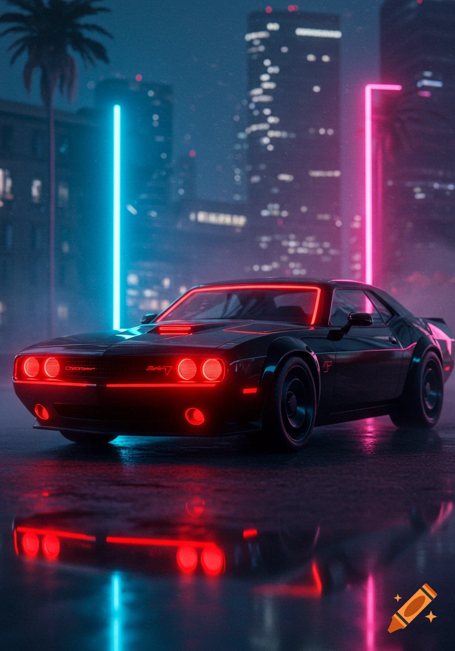 A black Dodge Challenger with glowing red lights on a wet city street at night, with neon blue and pink lights.