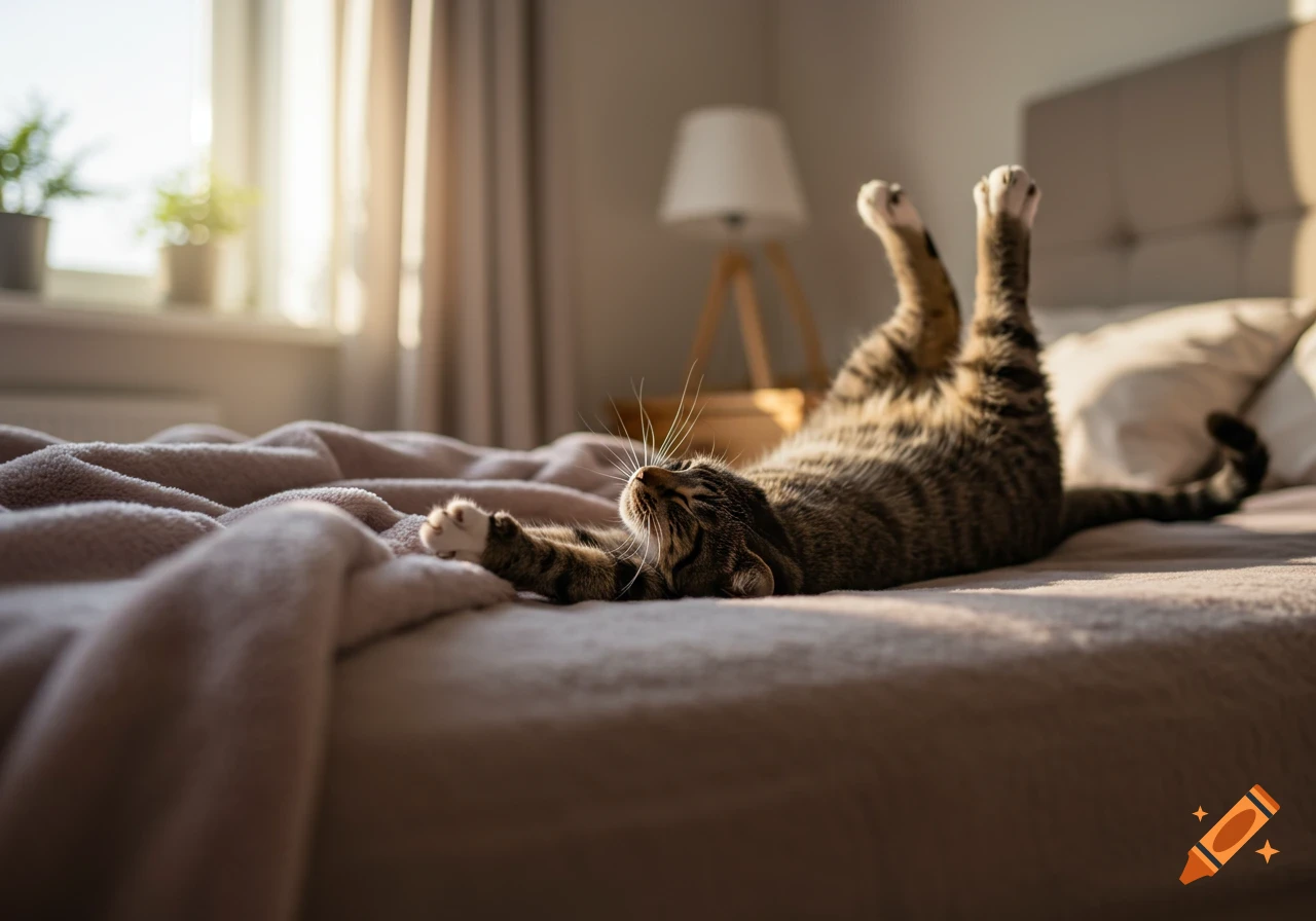 A domestic tabby cat stretches on its back on a soft blanket in a sunlit bedroom.