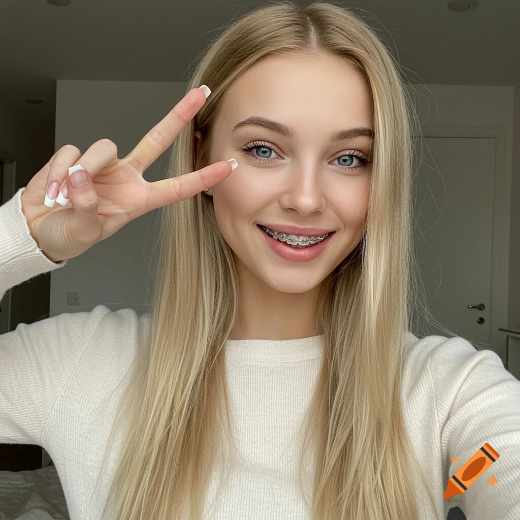 A young blonde woman with blue eyes and braces smiles while making a peace sign in a photorealistic selfie.