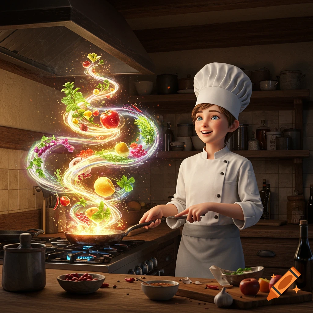 A joyful animated young chef cooks in a rustic kitchen, with magical swirls of fruits and herbs rising from her pan.