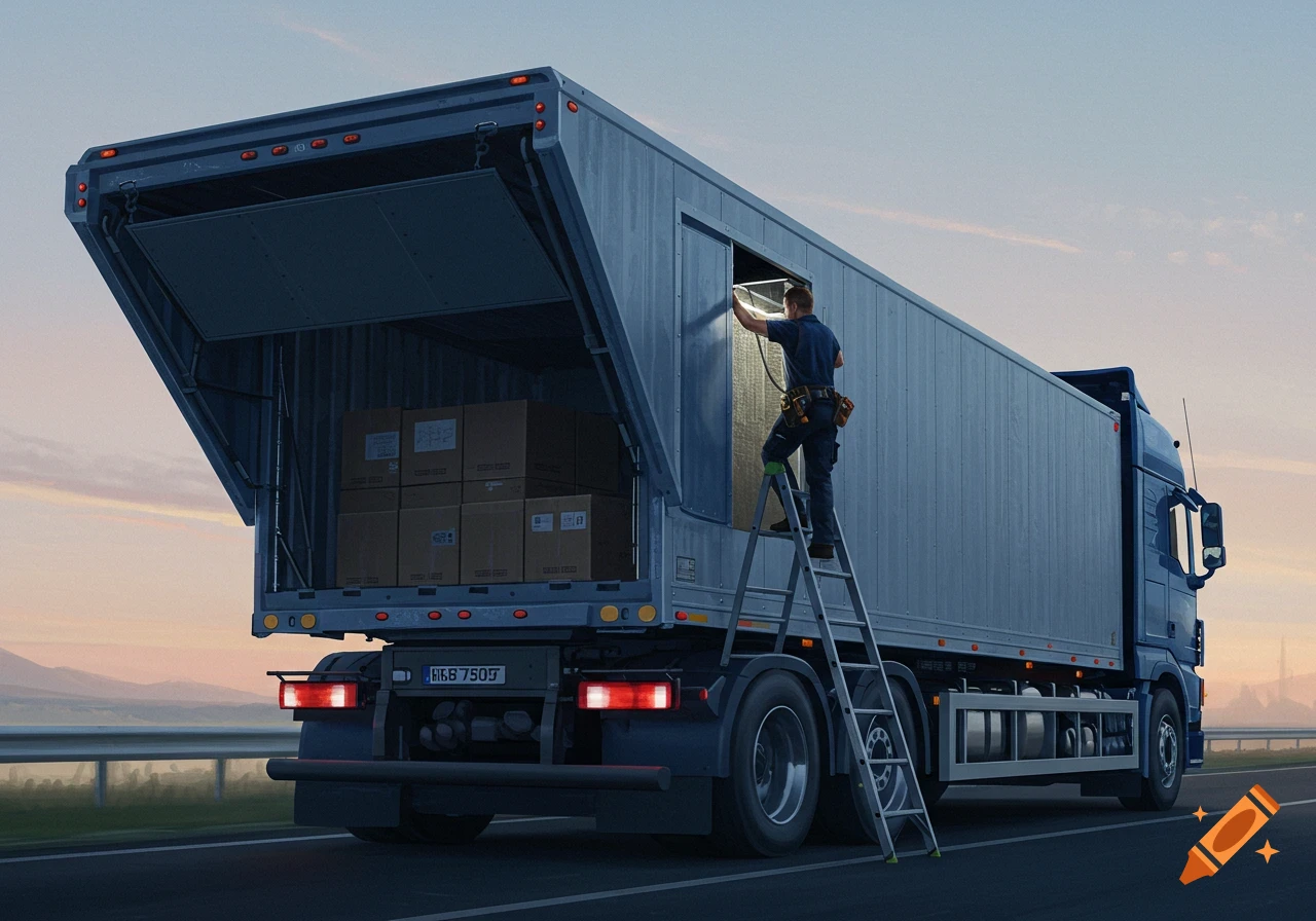 A man on a ladder inspects the top rear section of a large blue semi-trailer truck with its back cargo door open, revealing boxes inside. Photorealistic.