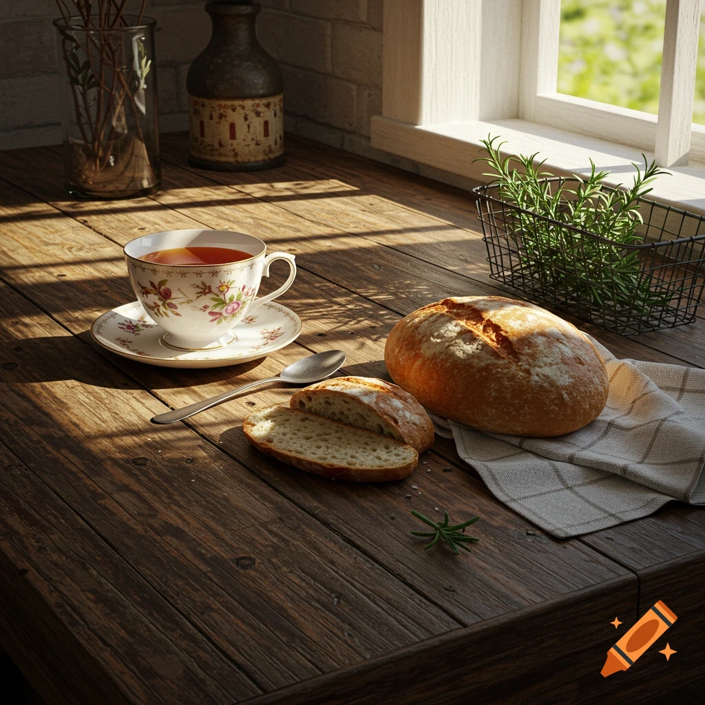 Photorealistic still life of a teacup, sliced bread, and rosemary on a wooden table bathed in sunlight from a window.