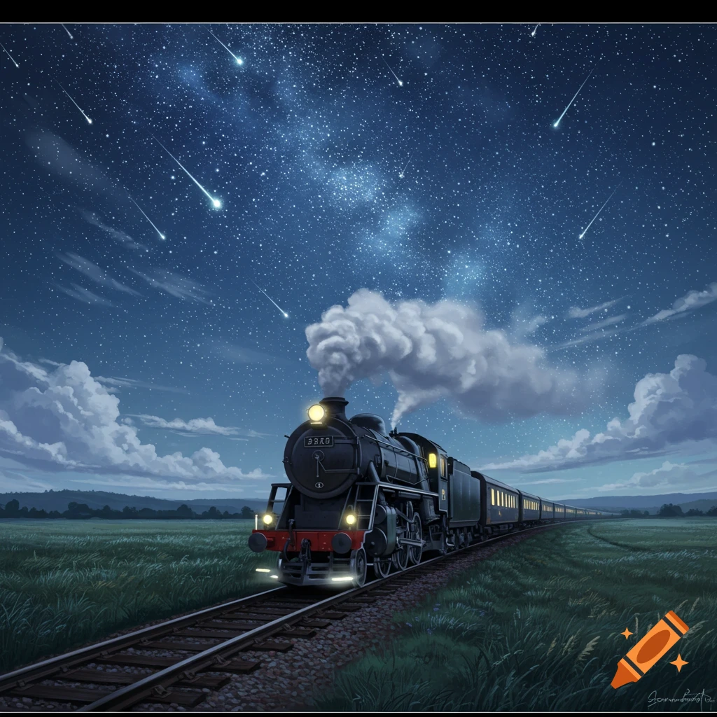A black steam train on tracks in a grassy field under a brilliant, star-filled night sky with shooting stars, digital art.