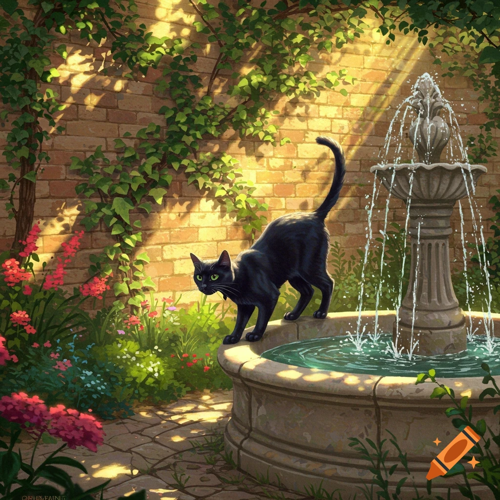 A black cat with green eyes stands on the edge of a stone fountain in a sunny, ivy-covered garden with a brick wall.
