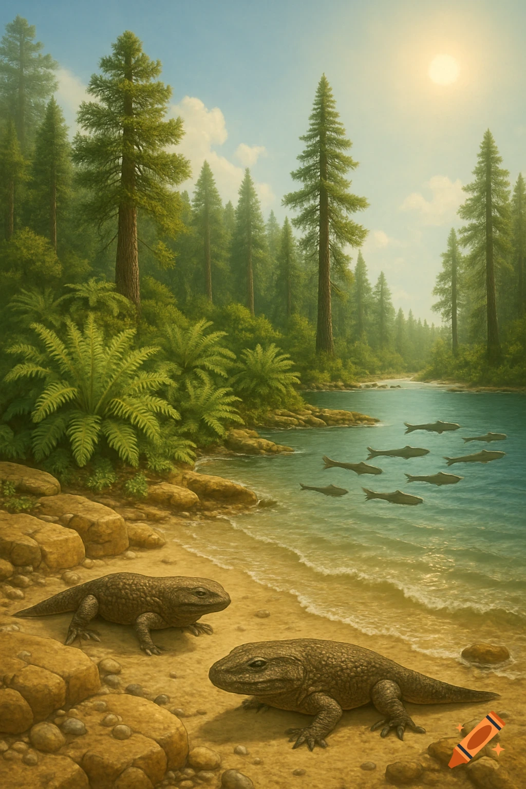 Two ancient amphibians rest on a sandy prehistoric riverbank with ferns, tall conifers, and fish swimming in the water under a bright sun.