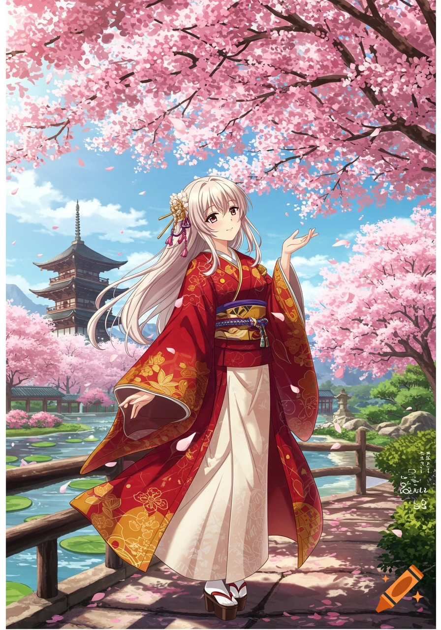 An anime girl in a red kimono stands on a wooden bridge under blooming pink cherry blossom trees, with a pagoda in the background.