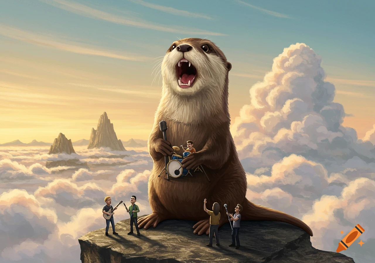 A colossal otter sings into a microphone while tiny musicians play guitars and drums around it on a mountain cliff above clouds at sunset.
