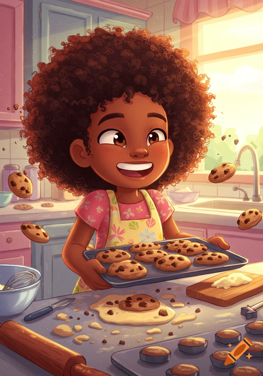 A happy cartoon black girl holding a tray of baked chocolate chip cookies in a bright kitchen, with dough on the counter.