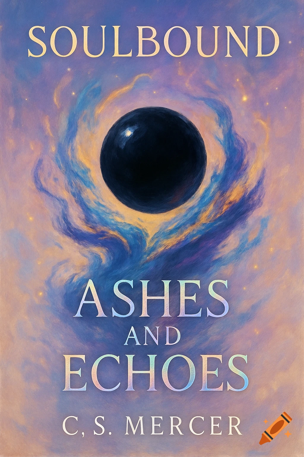 Fantasy book cover with a black orb surrounded by swirling blue and gold mystical energy on a pastel purple background. Text: SoulBound, Ashes and Echoes, C. S. Mercer.