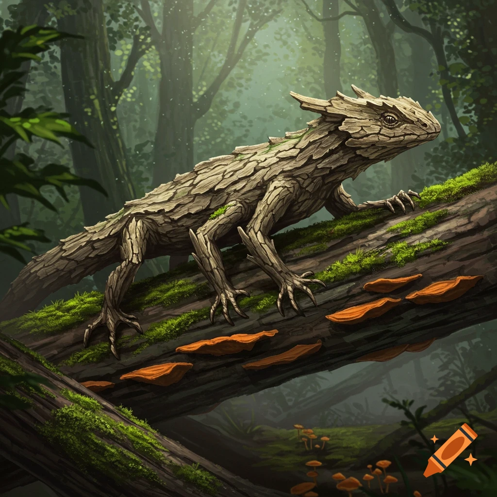 A six-legged, bark-skinned lizard with sharp claws climbs a mossy log in a misty forest.