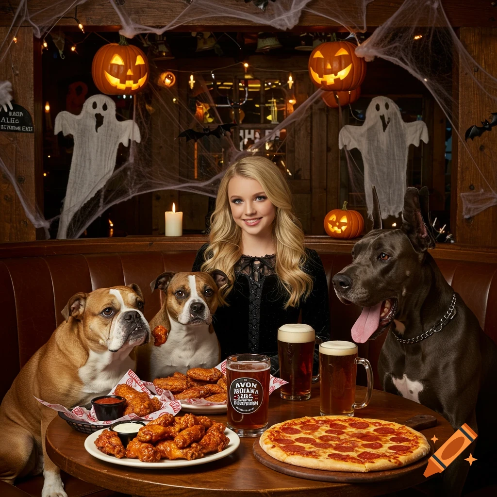 A blonde girl and three dogs (English bulldog, beabull, Great Dane) sit at a table filled with wings, pizza, and beer in a Halloween-decorated restaurant.