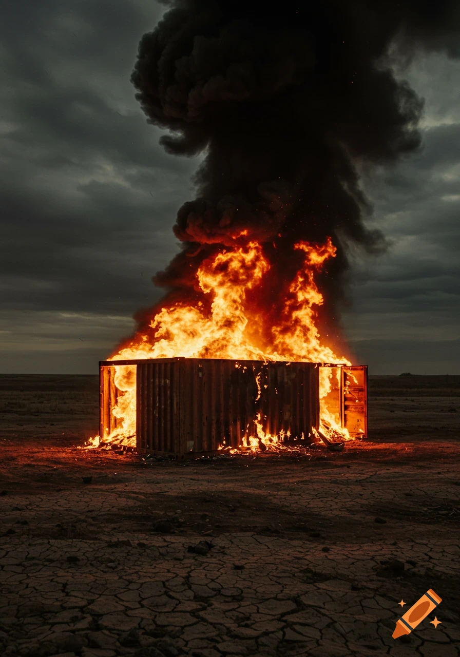 A shipping container engulfed in flames, emitting a massive plume of black smoke into a dark, cloudy sky over a cracked, barren landscape.