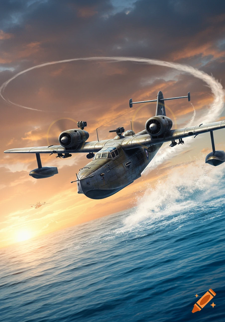 A military seaplane flies low over rough blue ocean waves at sunset with a dramatic cloudy sky.