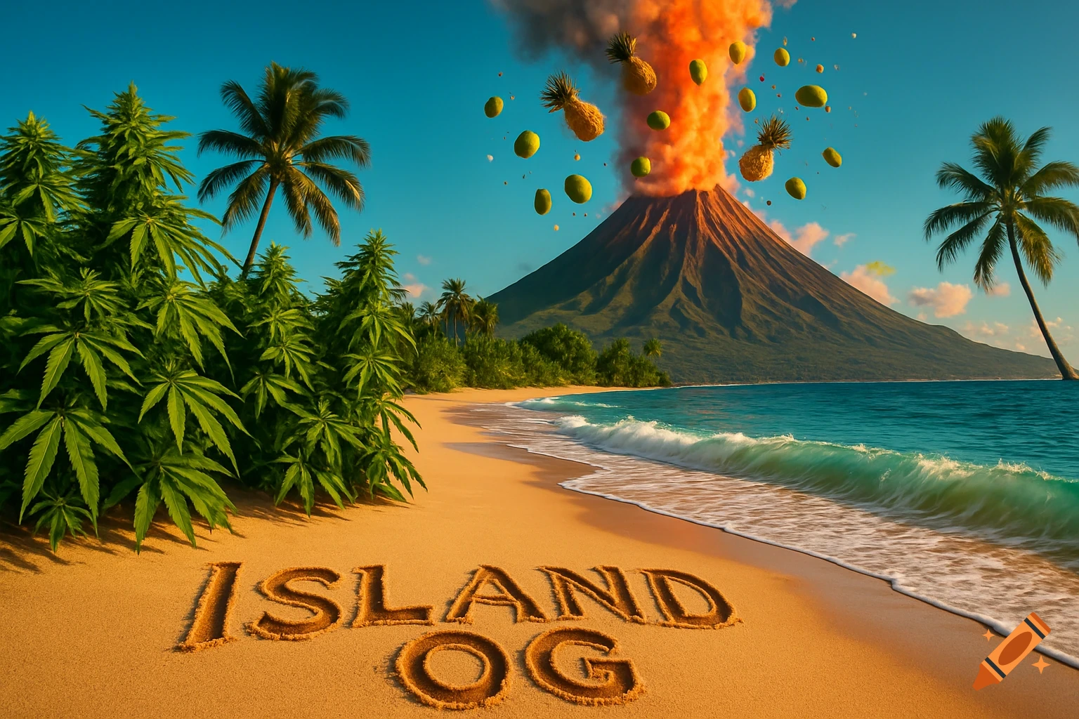 A vibrant tropical beach with cannabis plants, palm trees, and a volcano erupting pineapples and guavas. "ISLAND OG" is written in the sand.
