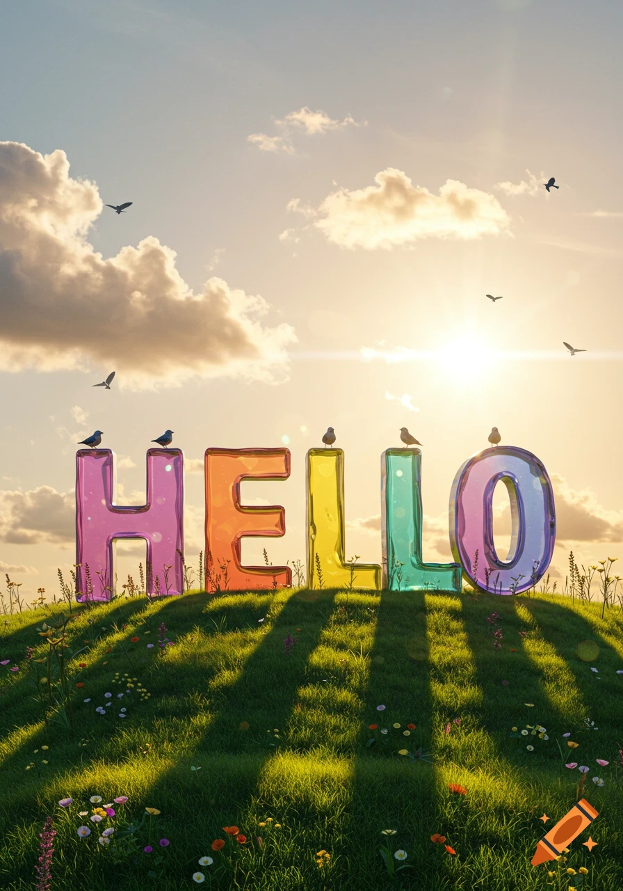 Colorful glass letters spelling 'HELLO' stand on a green, flower-speckled hill under a vibrant sunset sky with birds flying.