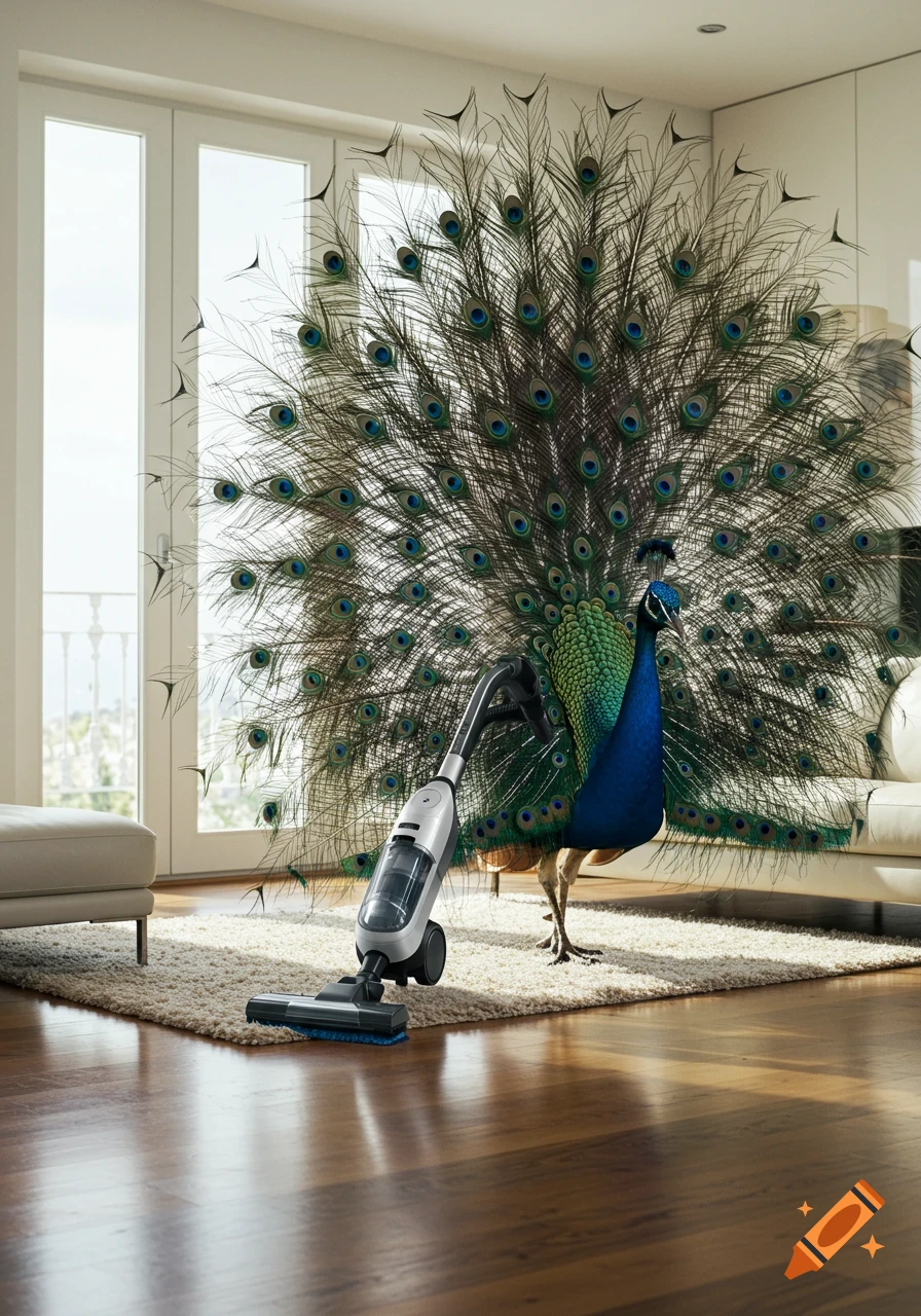 A majestic peacock with tail spread uses a modern vacuum cleaner on a rug in a bright, elegant living room. Photorealistic.