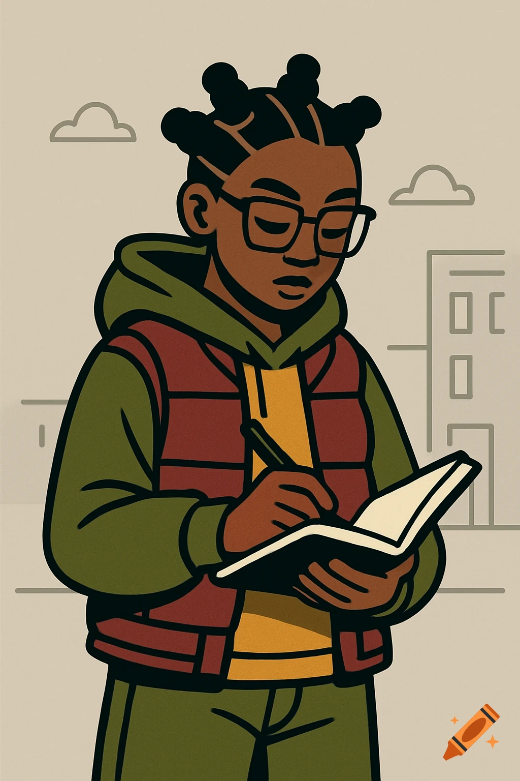 Digital cartoon of a Black girl with bantu knots and glasses, wearing a hoodie and vest, writing in a notebook.