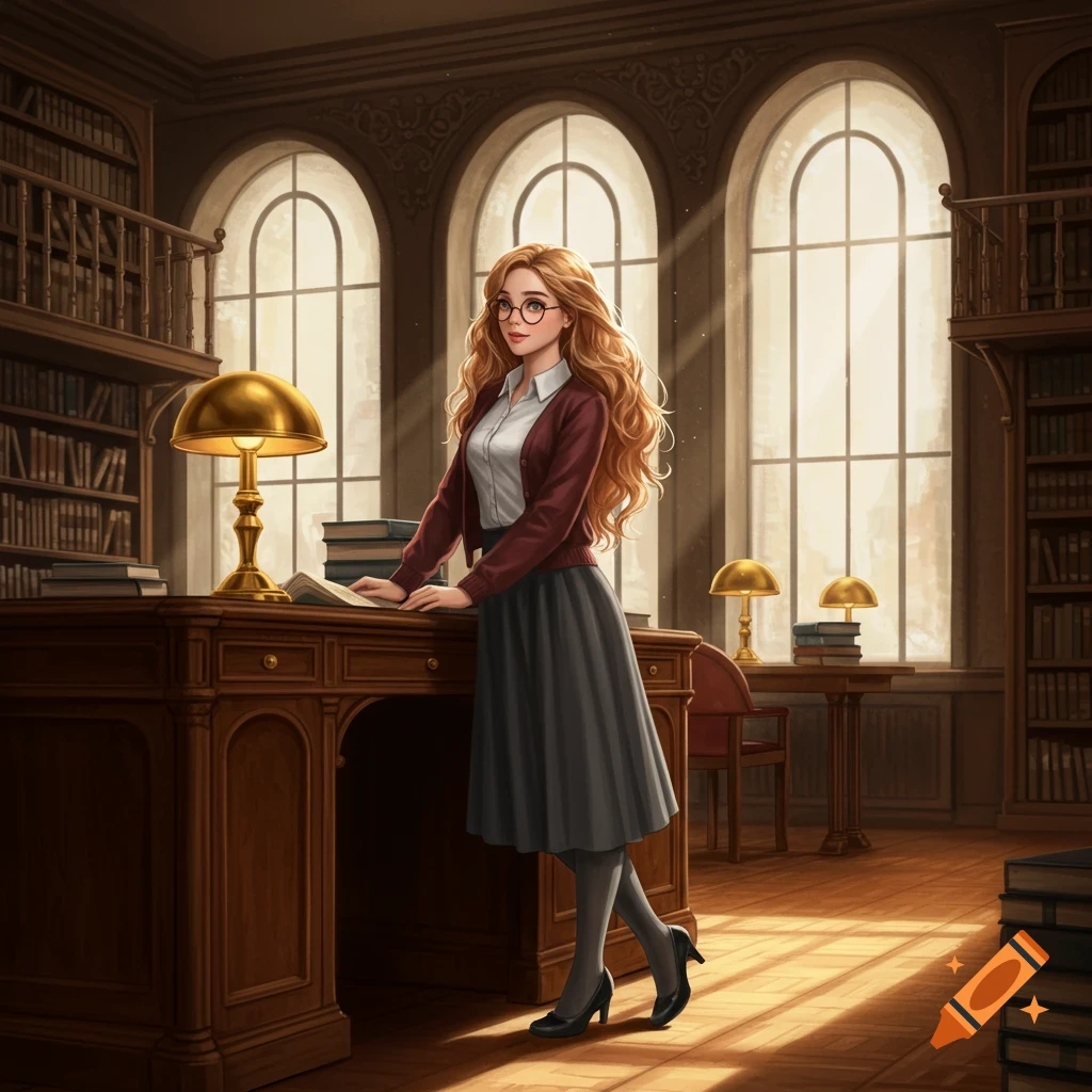 A stylish young librarian with long wavy hair and glasses stands in a grand library, leaning on a desk with books.