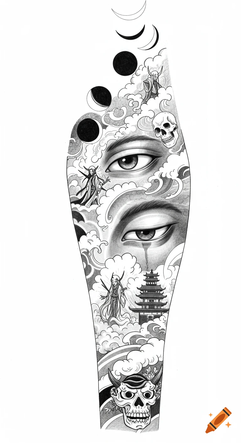 Black and white sketch tattoo design with realistic eyes, skulls, yokai figures, pagoda, clouds, and moon phases.