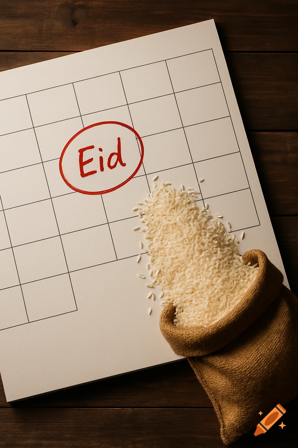 A photorealistic flatlay of a calendar with 'Eid' circled in red, next to a burlap sack spilling rice on a wooden table.
